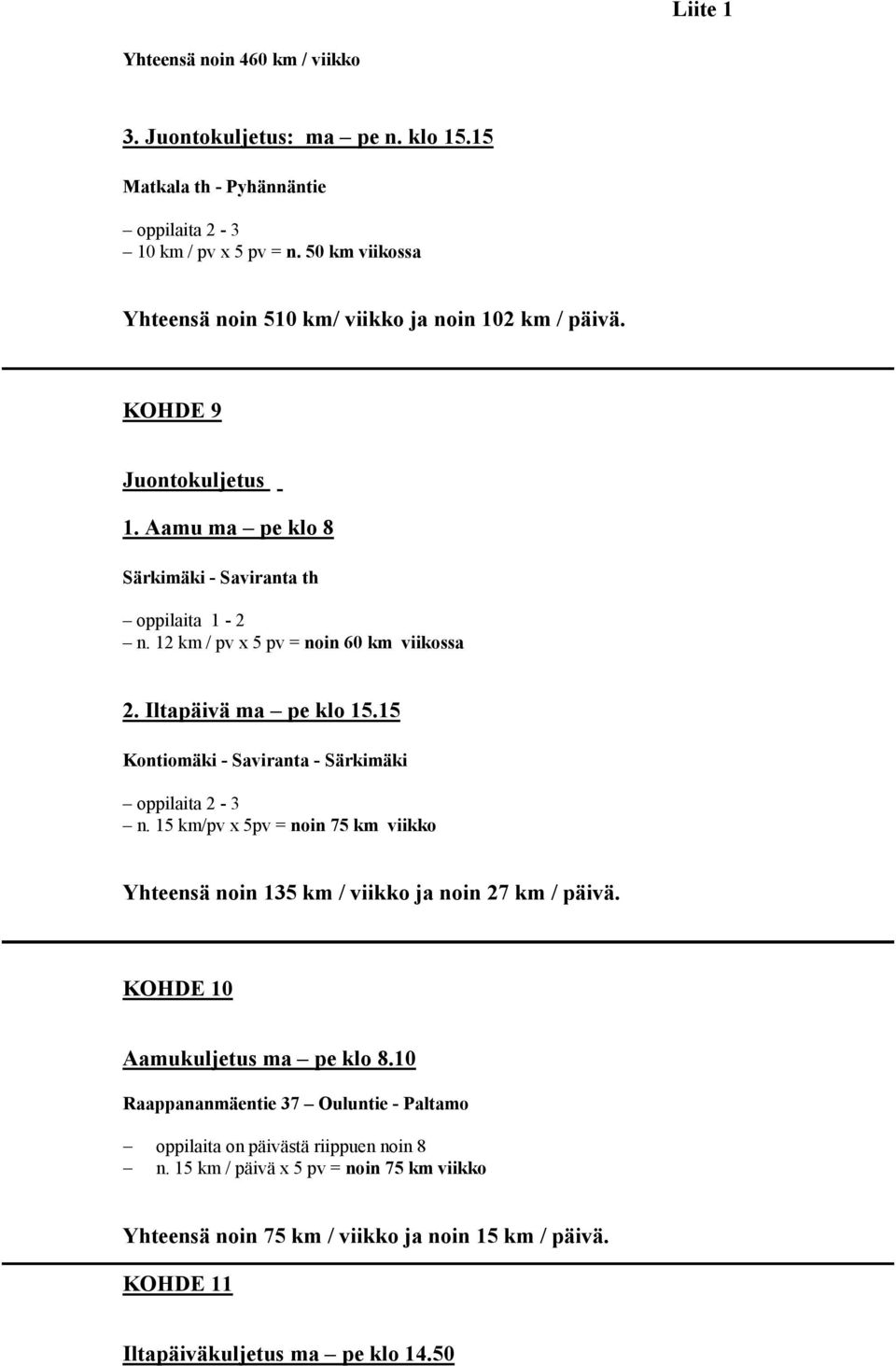 12 km / pv x 5 pv = noin 60 km viikossa 2. Iltapäivä ma pe klo 15.15 Kontiomäki - Saviranta - Särkimäki oppilaita 2-3 n.