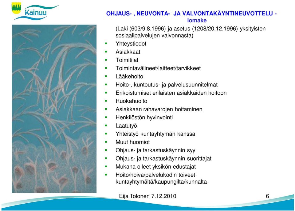 1996) yksityisten sosiaalipalvelujen valvonnasta) Yhteystiedot Asiakkaat Toimitilat Toimintavälineet/laitteet/tarvikkeet Lääkehoito Hoito-, kuntoutus- ja