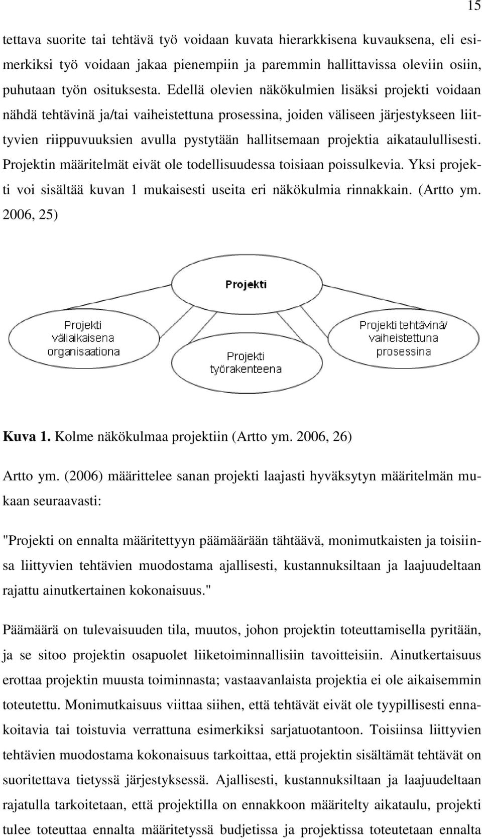 aikataulullisesti. Projektin määritelmät eivät ole todellisuudessa toisiaan poissulkevia. Yksi projekti voi sisältää kuvan 1 mukaisesti useita eri näkökulmia rinnakkain. (Artto ym. 2006, 25) Kuva 1.