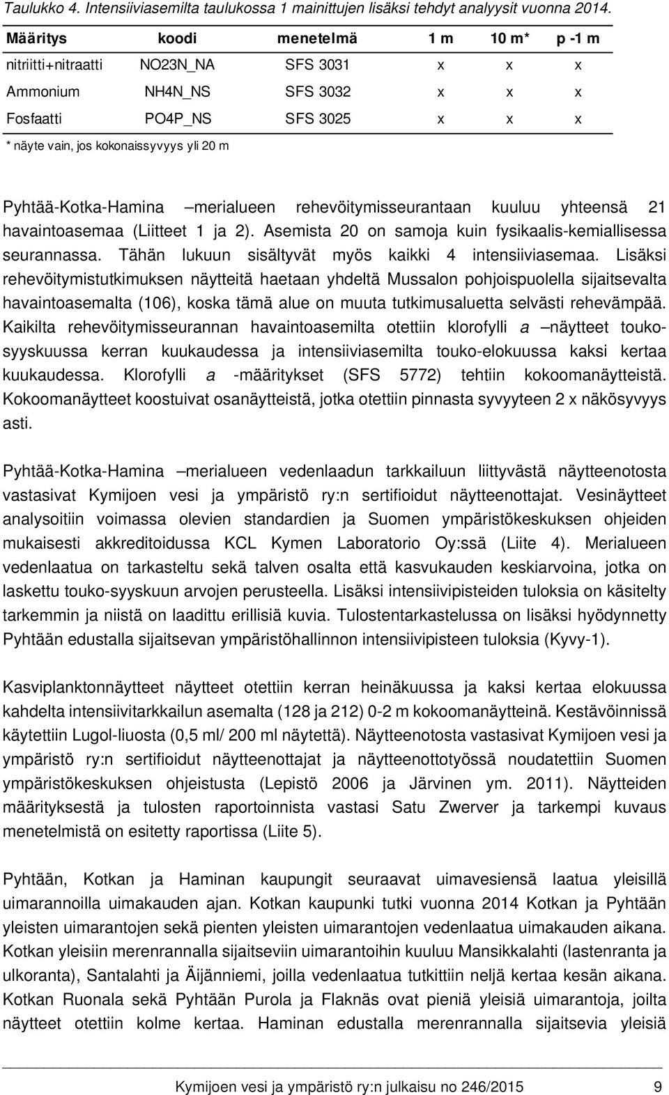 Pyhtää-Kotka-Hamina merialueen rehevöitymisseurantaan kuuluu yhteensä 21 havaintoasemaa (Liitteet 1 ja 2). Asemista 20 on samoja kuin fysikaalis-kemiallisessa seurannassa.