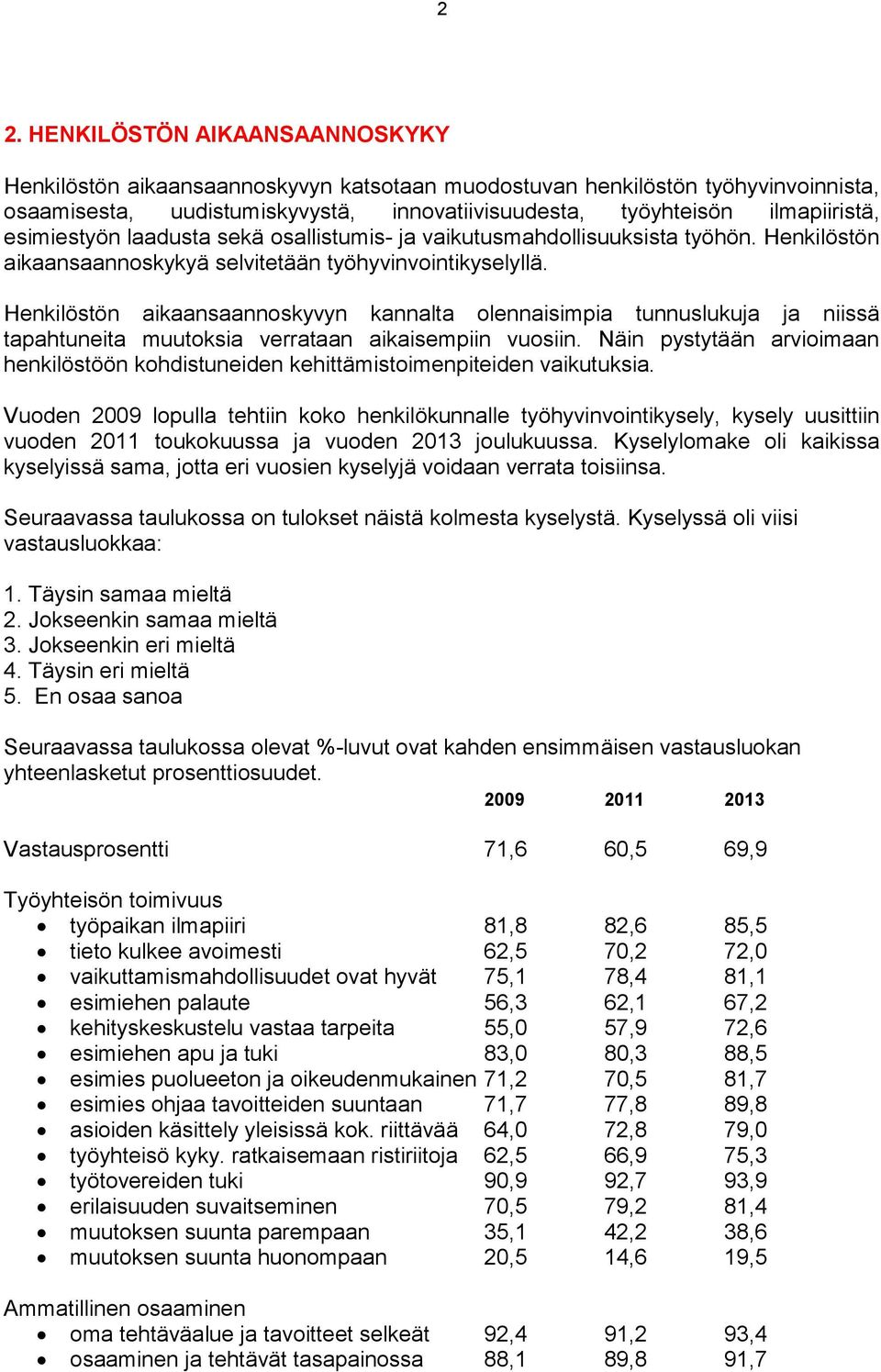 Henkilöstön aikaansaannoskyvyn kannalta olennaisimpia tunnuslukuja ja niissä tapahtuneita muutoksia verrataan aikaisempiin vuosiin.