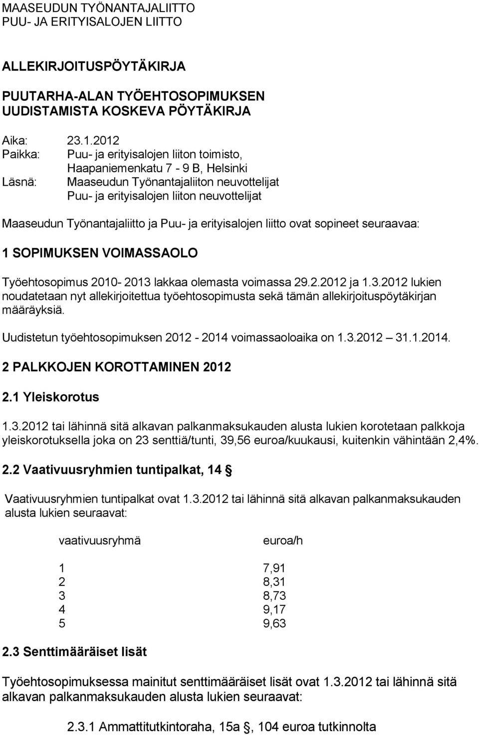 Työnantajaliitto ja Puu- ja erityisalojen liitto ovat sopineet seuraavaa: 1 SOPIMUKSEN VOIMASSAOLO Työehtosopimus 2010-2013 