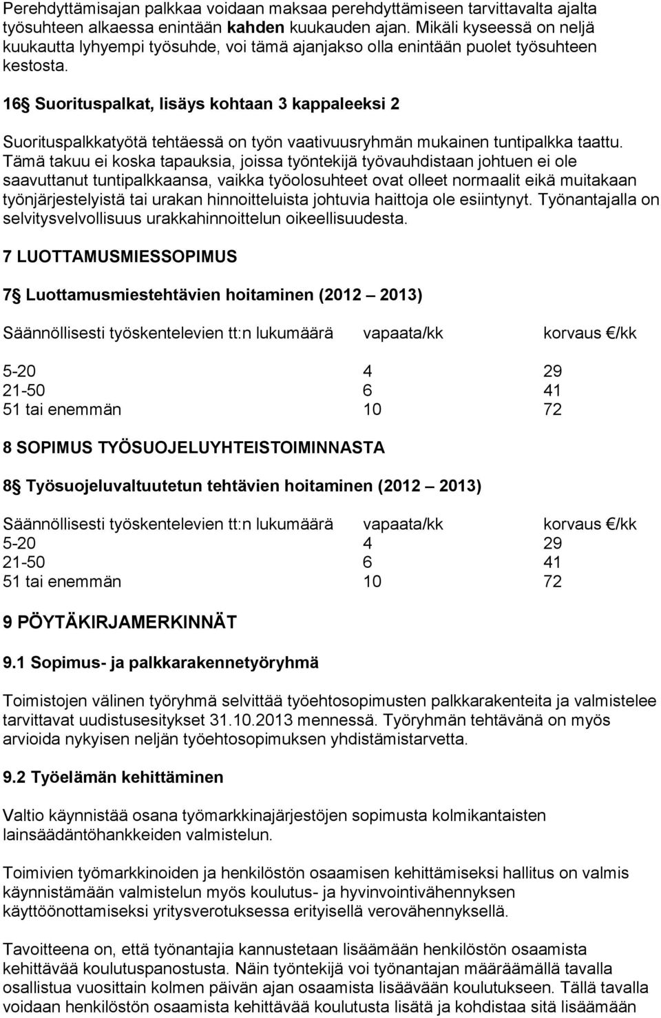 16 Suorituspalkat, lisäys kohtaan 3 kappaleeksi 2 Suorituspalkkatyötä tehtäessä on työn vaativuusryhmän mukainen tuntipalkka taattu.