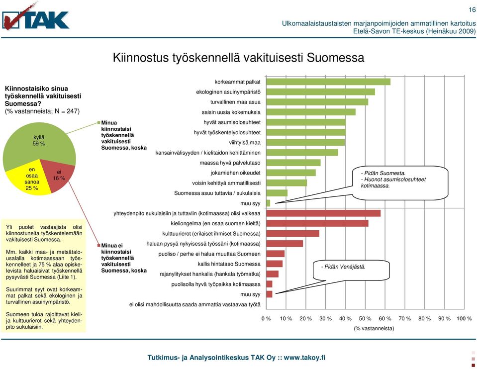 kaikki maa- ja metsätalousalalla kotimaassaan työskennelleet ja 75 % alaa opiskelevista haluaisivat työskennellä pysyvästi Suomessa (Liite 1).