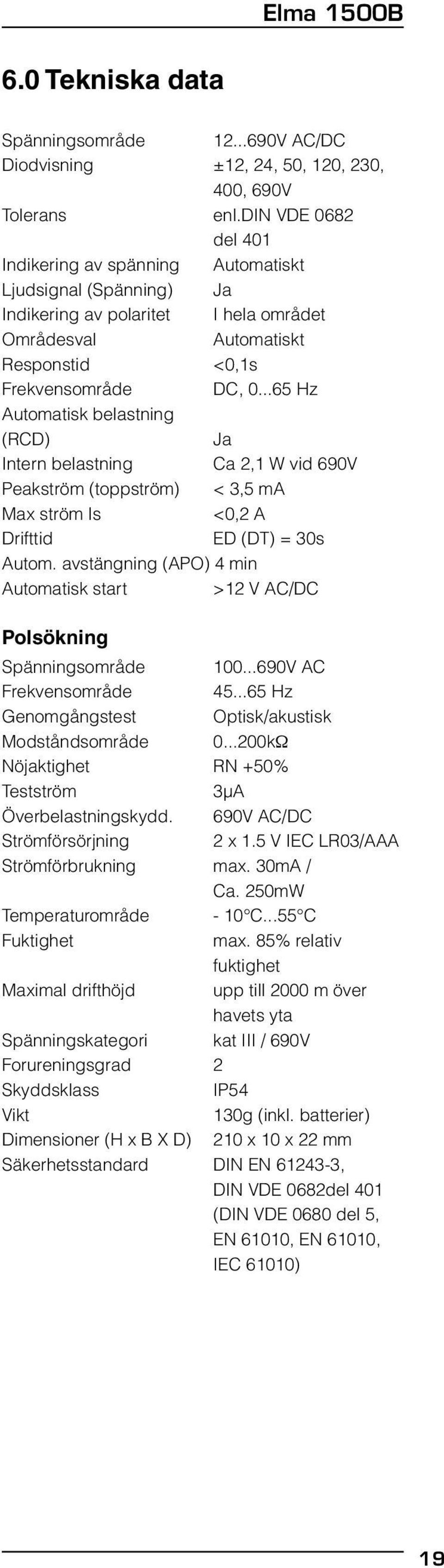 ..65 Hz Automatisk belastning (RCD) Ja Intern belastning Ca 2,1 W vid 690V Peakström (toppström) < 3,5 ma Max ström Is <0,2 A Drifttid ED (DT) = 30s Autom.