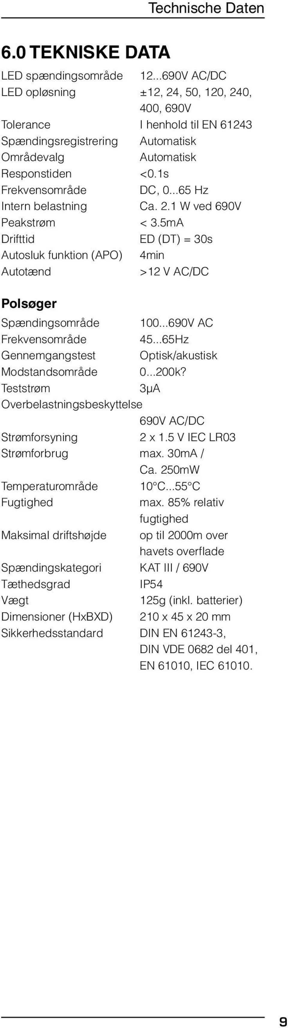 ..65 Hz Intern belastning Ca. 2.1 W ved 690V Peakstrøm < 3.5mA Drifttid ED (DT) = 30s Autosluk funktion (APO) 4min Autotænd >12 V AC/DC Polsøger Spændingsområde 100...690V AC Frekvensområde 45.