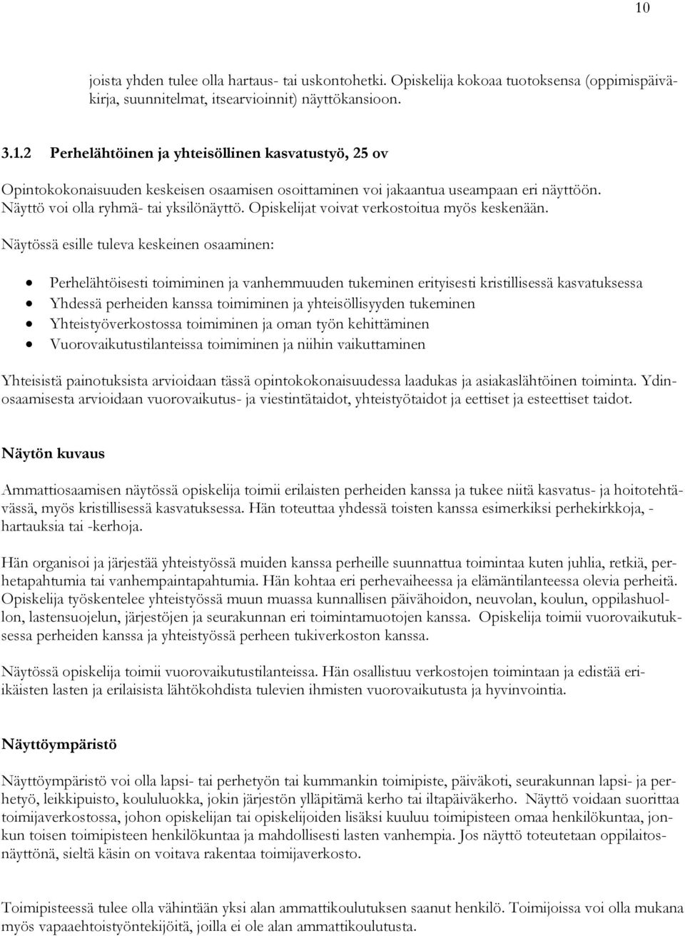 Näytössä esille tuleva keskeinen osaaminen: Perhelähtöisesti toimiminen ja vanhemmuuden tukeminen erityisesti kristillisessä kasvatuksessa Yhdessä perheiden kanssa toimiminen ja yhteisöllisyyden