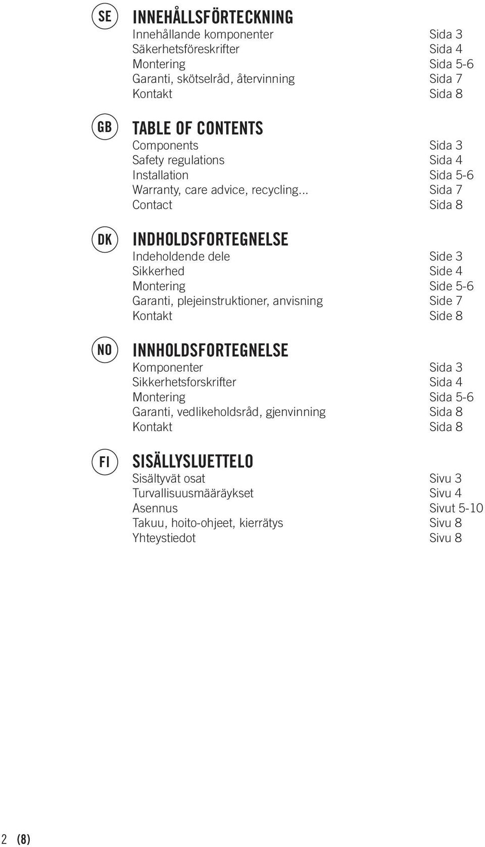 .. Sida 7 Contact Sida 8 INDHOLDSFORTEGNEL Indeholdende dele Side 3 Sikkerhed Side 4 Montering Side 5-6 Garanti, plejeinstruktioner, anvisning Side 7 Kontakt Side 8 INNHOLDSFORTEGNEL