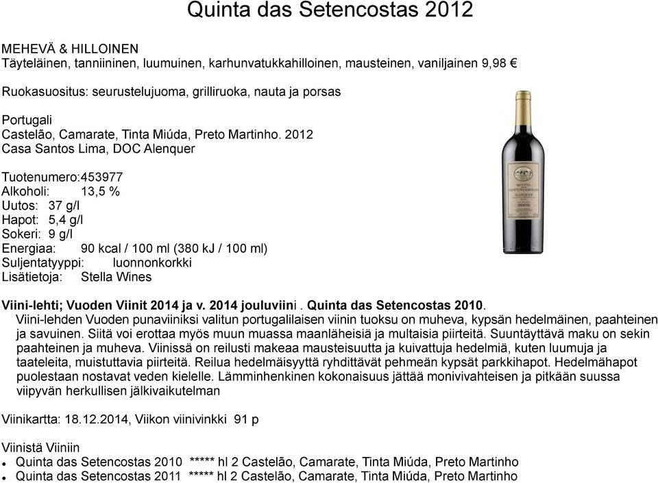 2012 Casa Santos Lima, DOC Alenquer Tuotenumero:453977 Alkoholi: 13,5 % Uutos: 37 g/l Hapot: 5,4 g/l Sokeri: 9 g/l Energiaa: 90 kcal / 100 ml (380 kj / 100 ml) Suljentatyyppi: luonnonkorkki