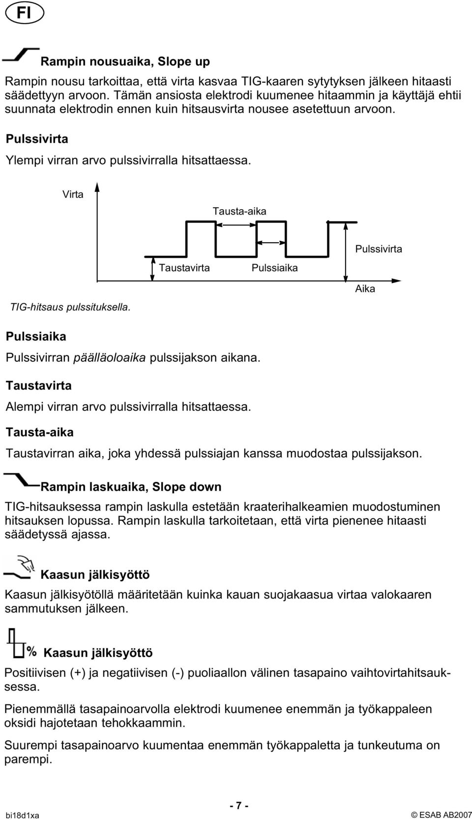 Virta Tausta-aika Taustavirta Pulssiaika Pulssivirta TIG-hitsaus pulssituksella. Aika Pulssiaika Pulssivirran päälläoloaika pulssijakson aikana.