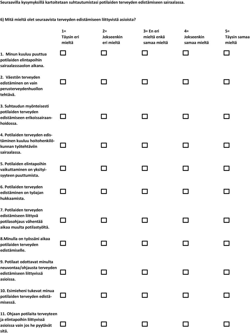 Suhtaudun myönteisesti potilaiden terveyden edistämiseen erikoissairaanhoidossa. 4. Potilaiden terveyden edistäminen kuuluu hoitohenkilökunnan työtehtäviin sairaalassa. 5.