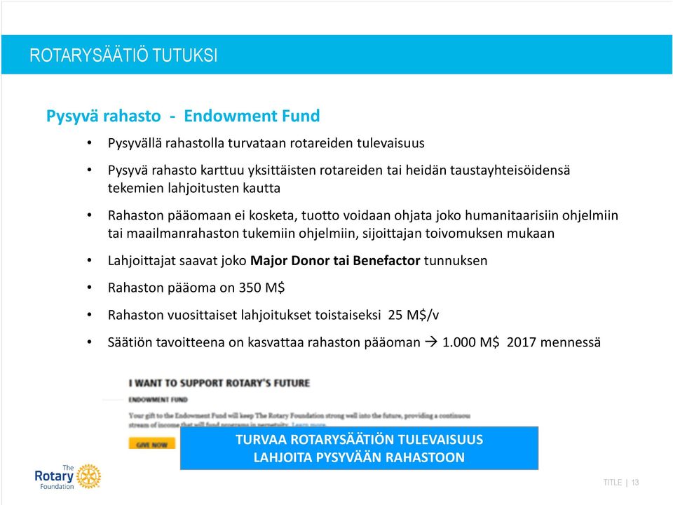 tukemiin ohjelmiin, sijoittajan toivomuksen mukaan Lahjoittajat saavat joko Major Donor tai Benefactor tunnuksen Rahaston pääoma on 350 M$ Rahaston vuosittaiset