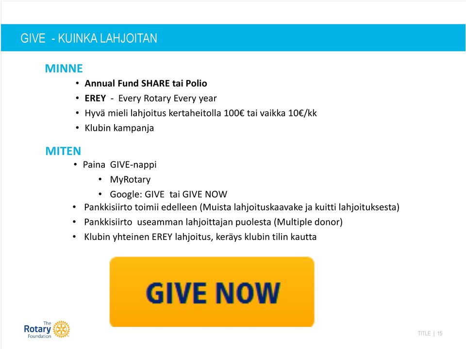 tai GIVE NOW Pankkisiirto toimii edelleen (Muista lahjoituskaavake ja kuitti lahjoituksesta) Pankkisiirto