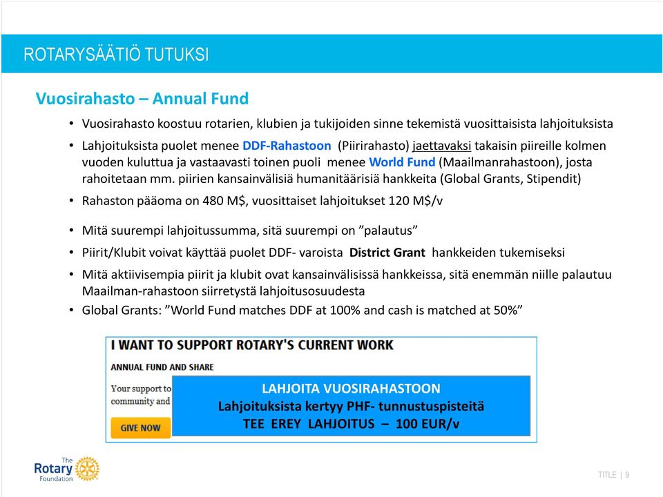 piirien kansainvälisiä humanitäärisiä hankkeita (Global Grants, Stipendit) Rahaston pääoma on 480 M$, vuosittaiset lahjoitukset 120 M$/v Mitä suurempi lahjoitussumma, sitä suurempi on palautus