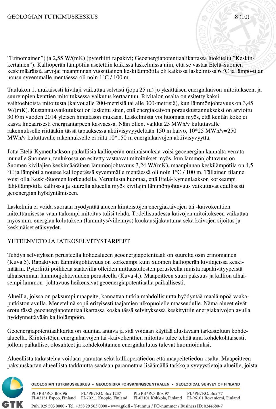 syvemmälle mentäessä oli noin 1 C / 100 m. Taulukon 1.