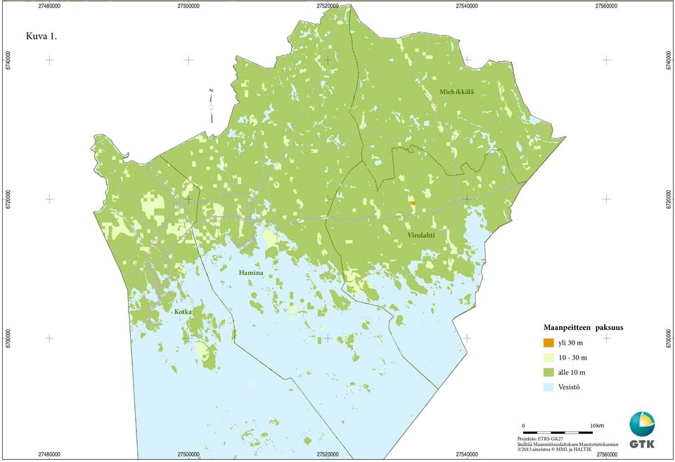 30 m 6700000 6720000 6740000 10-30 m alle 10 m Vesistö 0 10 km 27480000 27500000