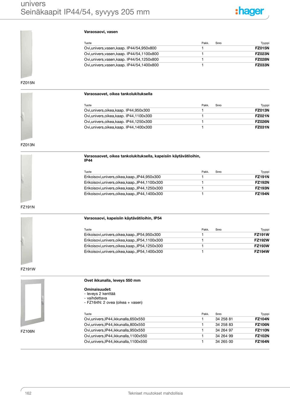 IP44,1250x 1 FZ026N Ovi,univers,oikea,kaap. IP44,1400x 1 FZ031N FZ013N Varaosaovet, oikea tankolukituksella, kapeisiin käytävätiloihin, IP44 Erikoisovi,univers,oikea,kaap.