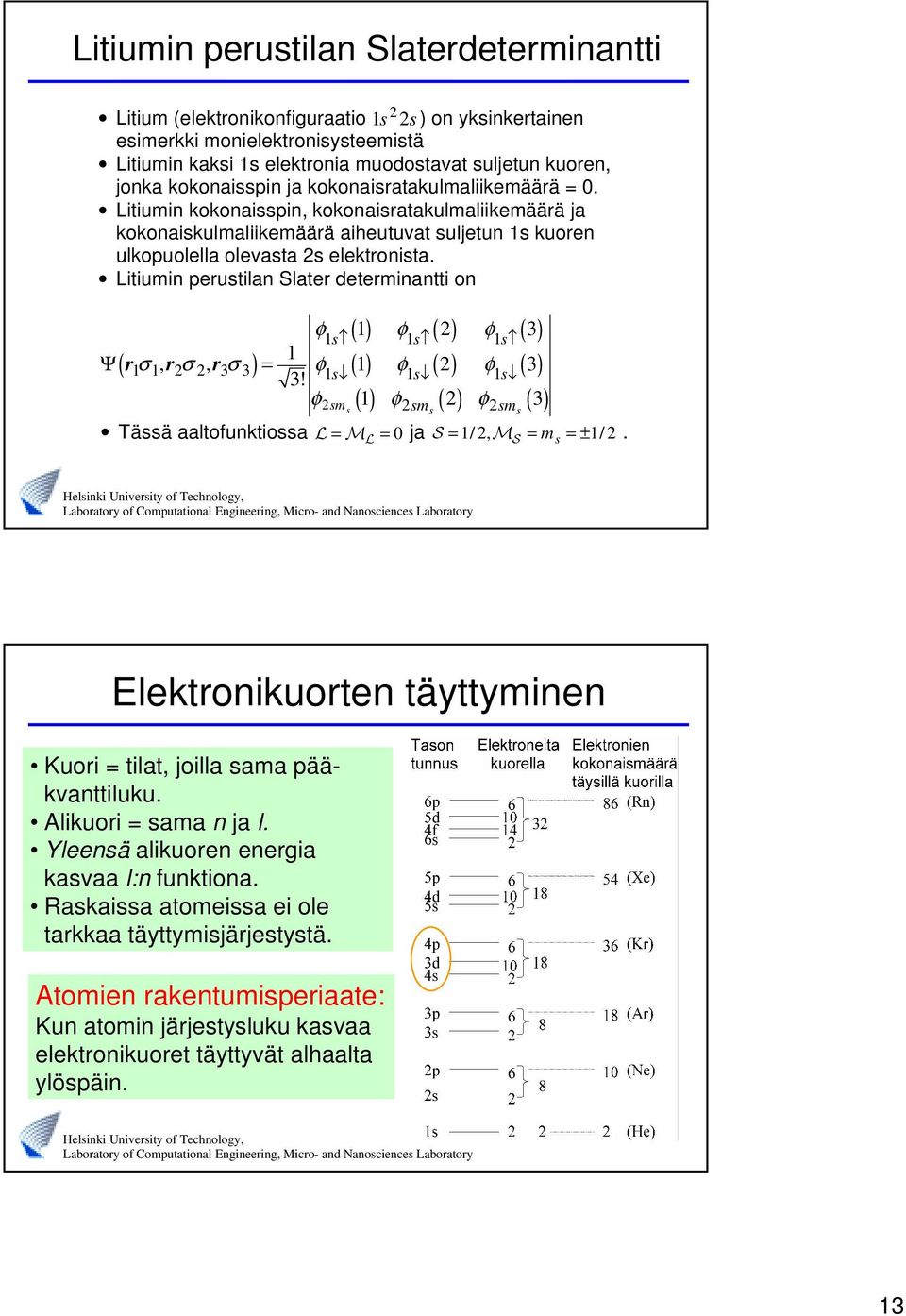 Litiumin perustilan Slater determinantti on () ( ) ( 3) () ( ) ( ) () ( ) ( 3) φ φ φ s s s Ψ ( rσ, rσ, r 3σ3) = φ φ φ 3 3!