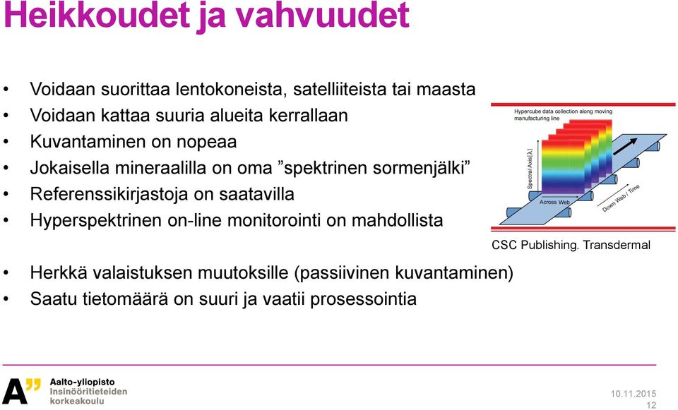 Referenssikirjastoja on saatavilla Hyperspektrinen on-line monitorointi on mahdollista Herkkä valaistuksen