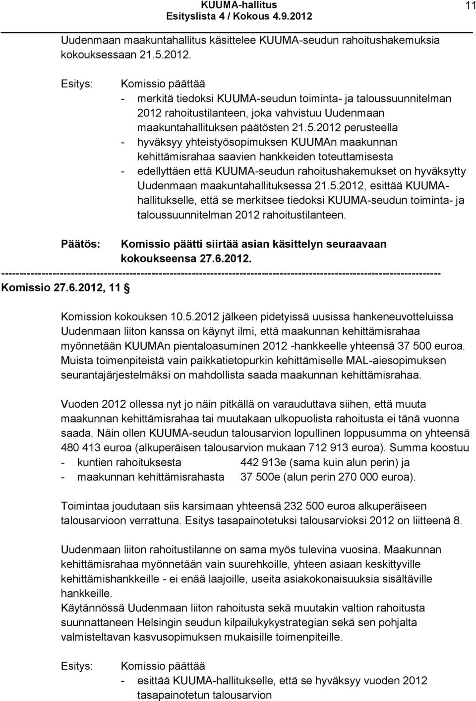 2012 perusteella - hyväksyy yhteistyösopimuksen KUUMAn maakunnan kehittämisrahaa saavien hankkeiden toteuttamisesta - edellyttäen että KUUMA-seudun rahoitushakemukset on hyväksytty Uudenmaan