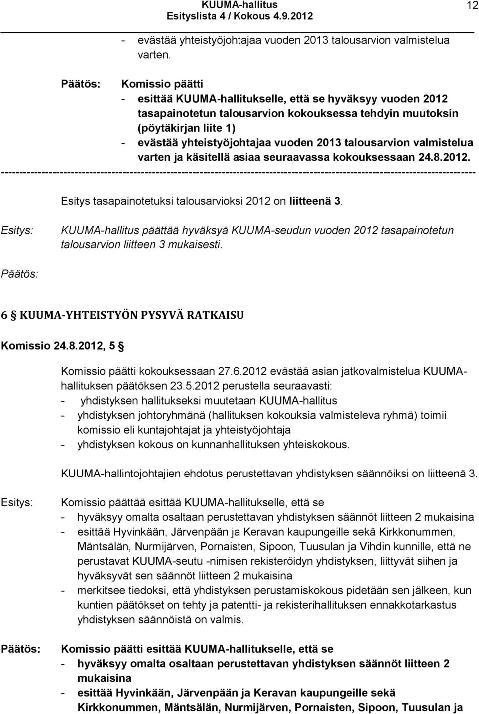 talousarvion valmistelua varten ja käsitellä asiaa seuraavassa kokouksessaan 24.8.2012.