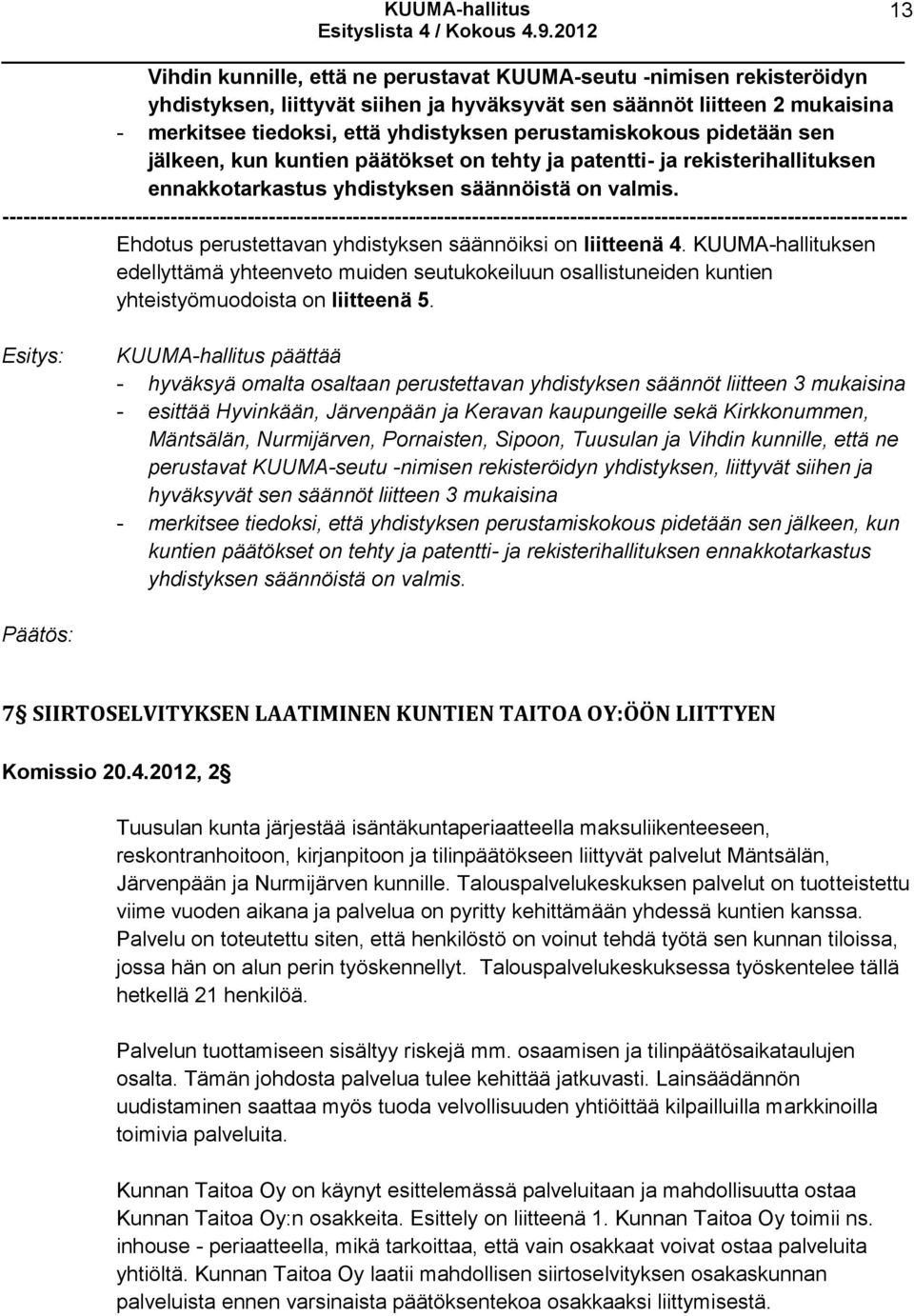 --------------------------------------------------------------------------------------------------------------------------------- Ehdotus perustettavan yhdistyksen säännöiksi on liitteenä 4.