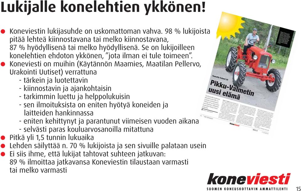 Koneviesti on muihin (Käytännön Maamies, Maatilan Pellervo, Urakointi Uutiset) verrattuna - tärkein ja luotettavin - kiinnostavin ja ajankohtaisin - tarkimmin luettu ja helppolukuisin - sen