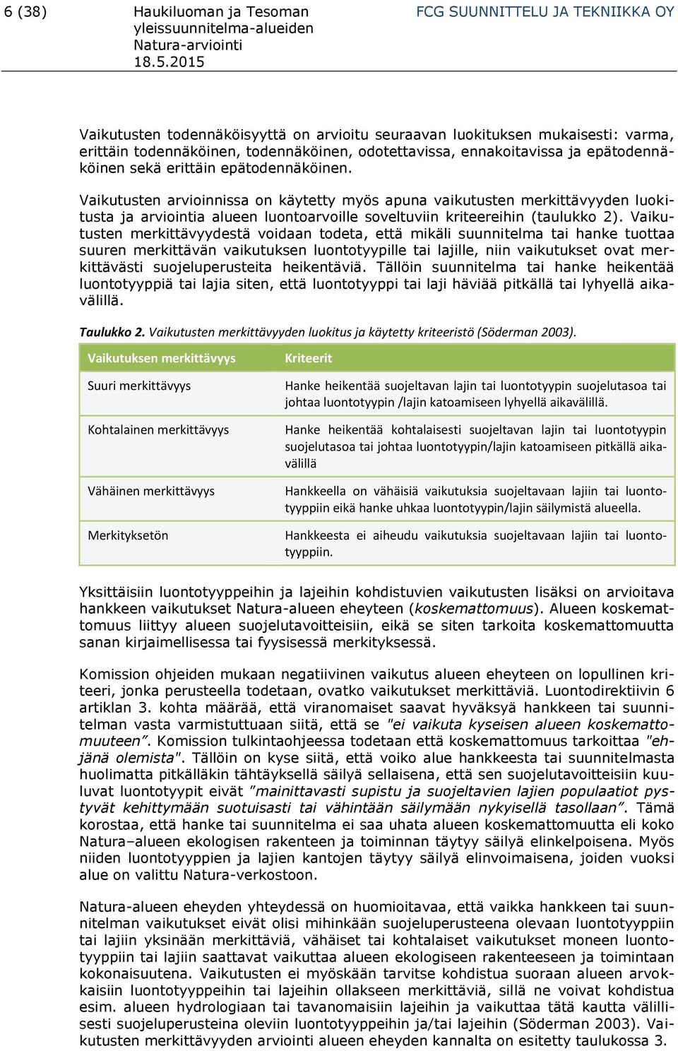 Vaikutusten arvioinnissa on käytetty myös apuna vaikutusten merkittävyyden luokitusta ja arviointia alueen luontoarvoille soveltuviin kriteereihin (taulukko 2).