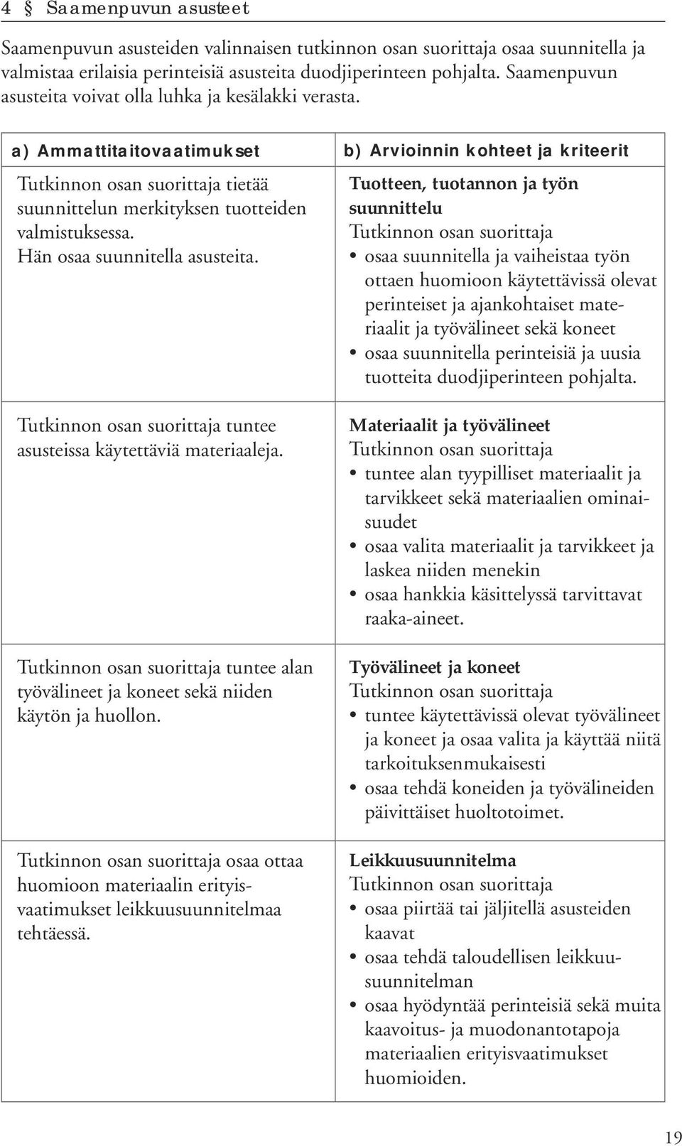 tuntee asusteissa käytettäviä materiaaleja. tuntee alan työvälineet ja koneet sekä niiden käytön ja huollon. osaa ottaa huomioon materiaalin erityisvaatimukset leikkuusuunnitelmaa tehtäessä.