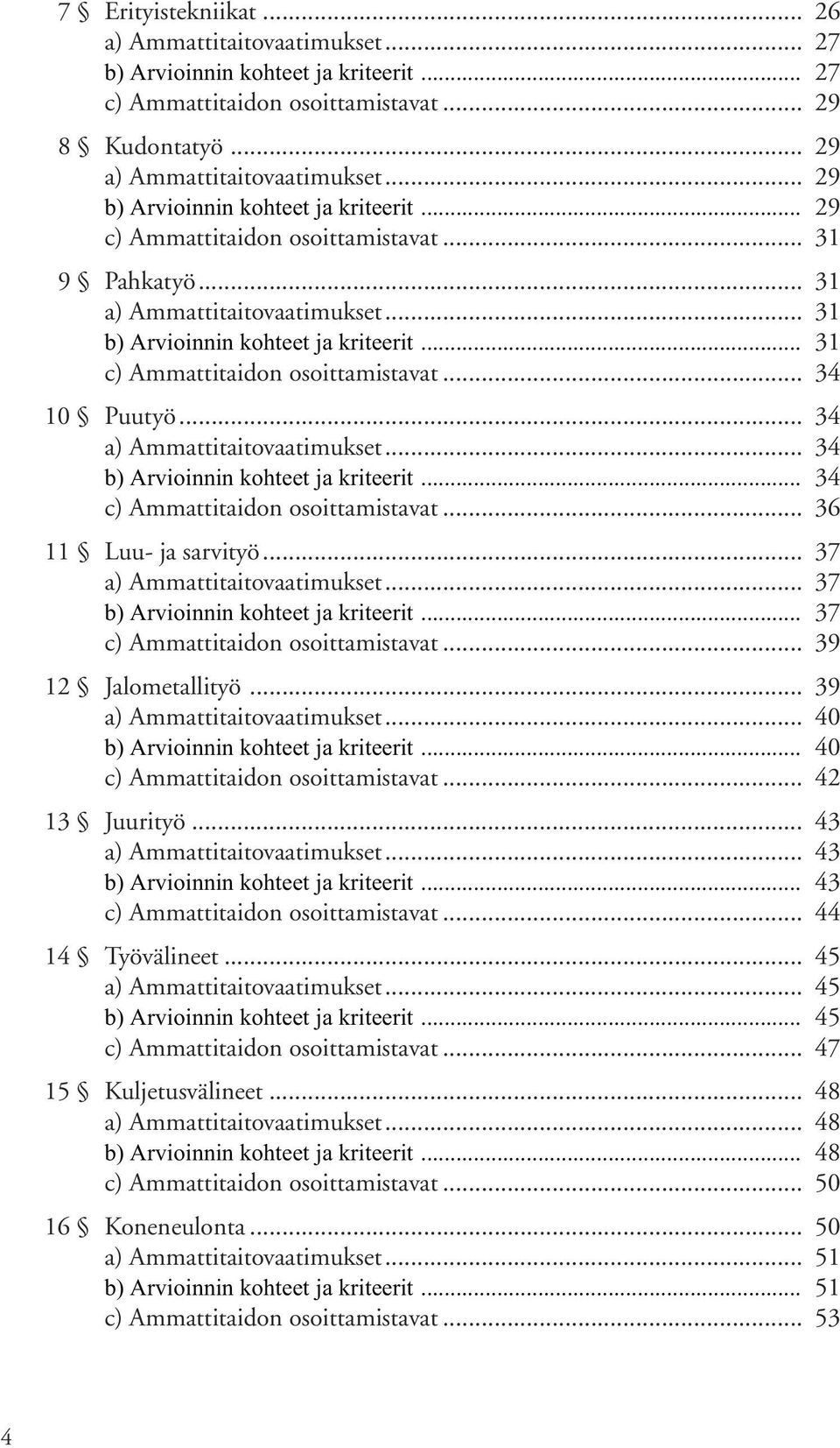 .. 31 c) Ammattitaidon osoittamistavat... 34 10 Puutyö... 34 a) Ammattitaitovaatimukset... 34 b) Arvioinnin kohteet ja kriteerit... 34 c) Ammattitaidon osoittamistavat... 36 11 Luu- ja sarvityö.