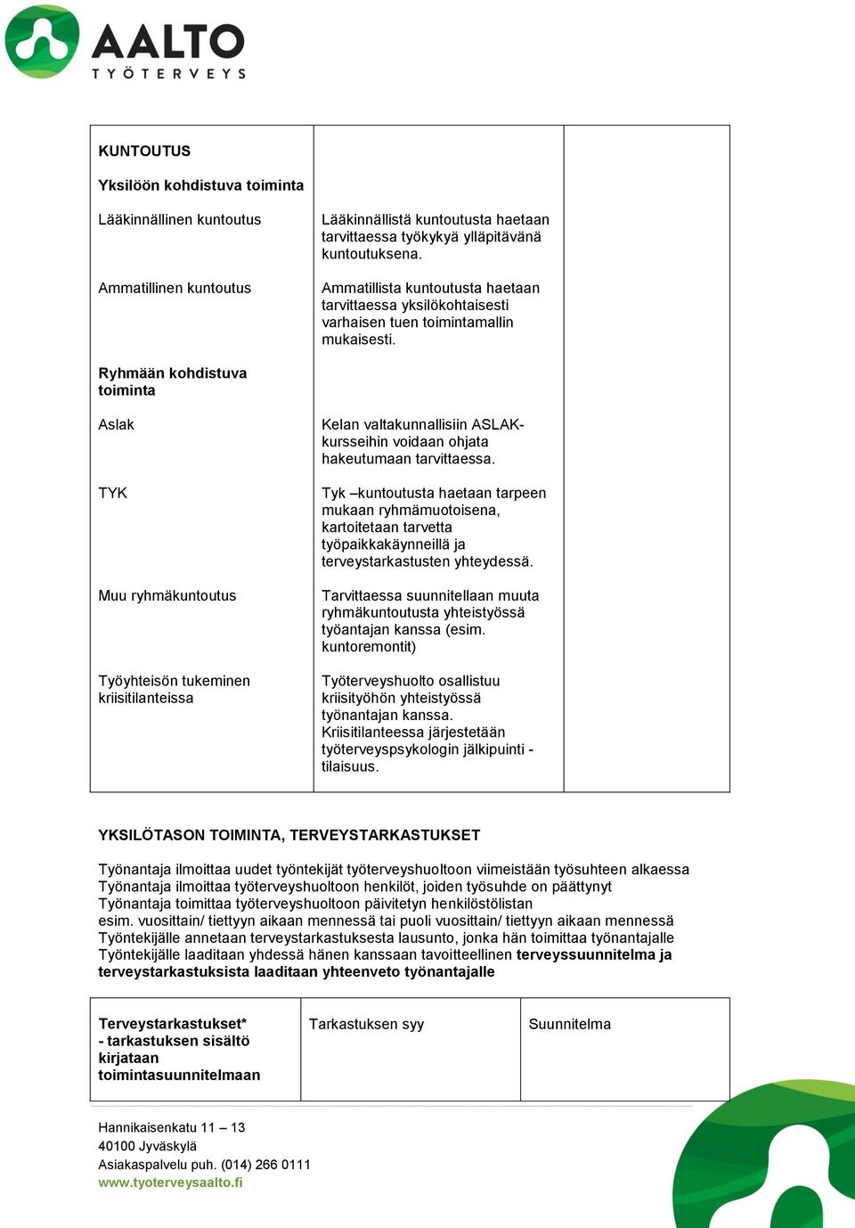 Ryhmään kohdistuva toiminta Aslak TYK Muu ryhmäkuntoutus Työyhteisön tukeminen kriisitilanteissa Kelan valtakunnallisiin ASLAKkursseihin voidaan ohjata hakeutumaan tarvittaessa.
