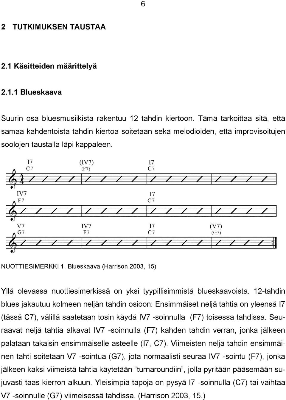 Blueskaava (Harrison 2003, 15) Yllä olevassa nuottiesimerkissä on yksi tyypillisimmistä blueskaavoista.