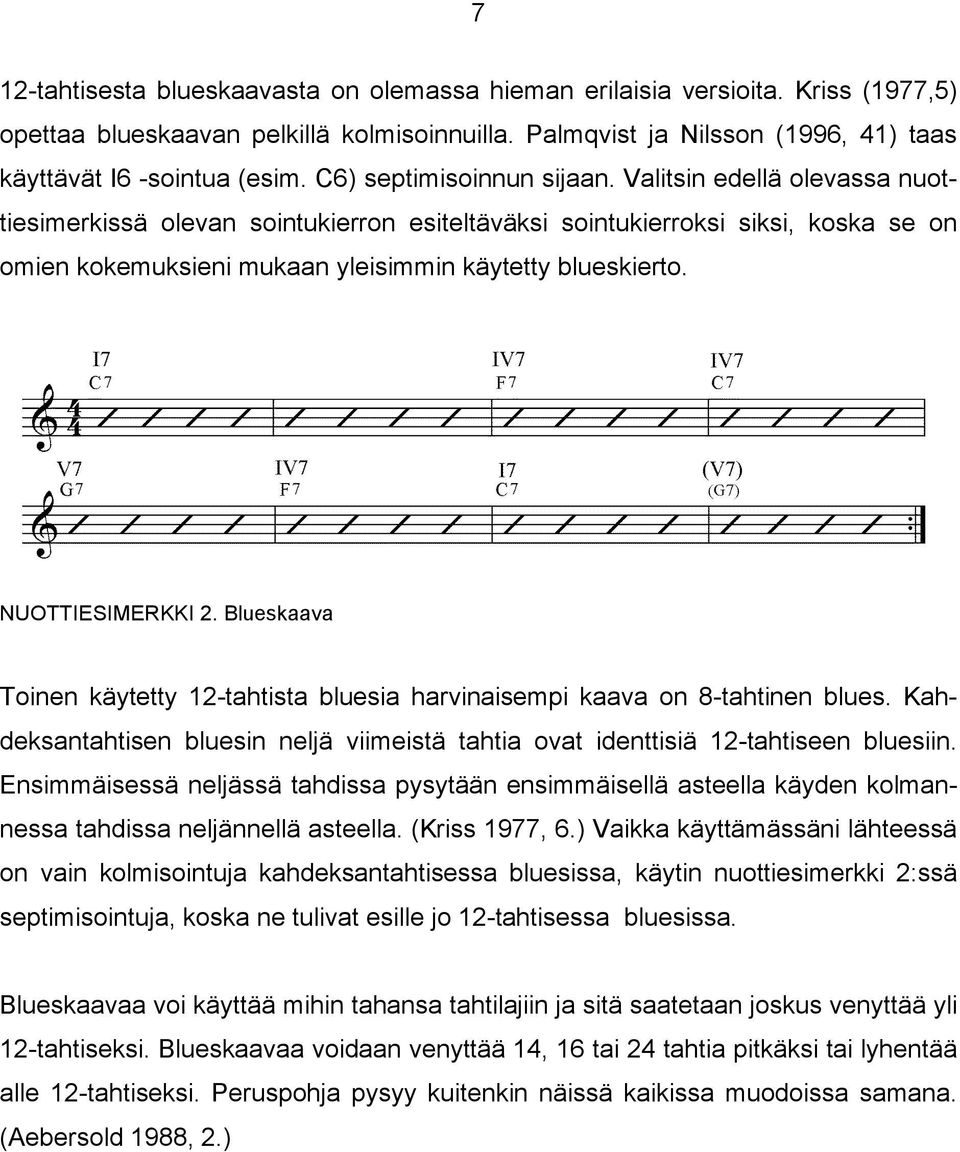 NUOTTIESIMERKKI 2. Blueskaava Toinen käytetty 12-tahtista bluesia harvinaisempi kaava on 8-tahtinen blues. Kahdeksantahtisen bluesin neljä viimeistä tahtia ovat identtisiä 12-tahtiseen bluesiin.