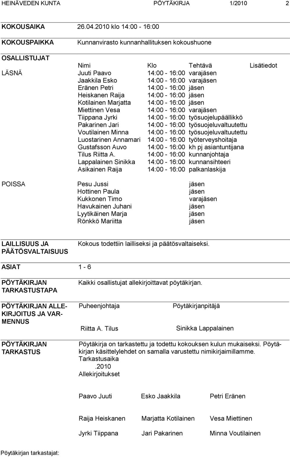 Eränen Petri 14:00-16:00 jäsen Heiskanen Raija 14:00-16:00 jäsen Kotilainen Marjatta 14:00-16:00 jäsen Miettinen Vesa 14:00-16:00 varajäsen Tiippana Jyrki 14:00-16:00 työsuojelupäällikkö Pakarinen