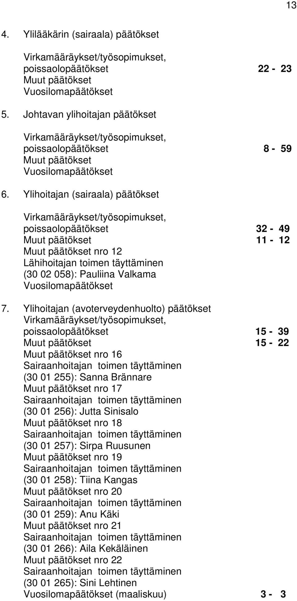 Ylihoitajan (sairaala) päätökset Virkamääräykset/työsopimukset, poissaolopäätökset 32-49 Muut päätökset 11-12 Muut päätökset nro 12 Lähihoitajan toimen täyttäminen (30 02 058): Pauliina Valkama