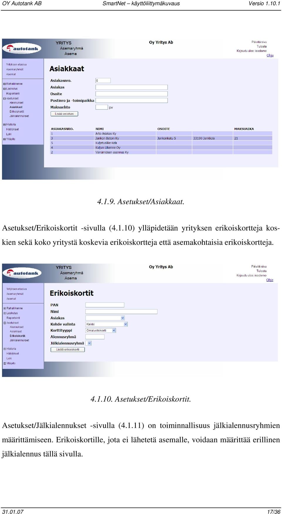 Asetukset/Erikoiskortit. Asetukset/Jälkialennukset -sivulla (4.1.