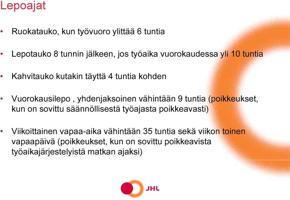 (poikkeukset, kun on sovittu säännöllisestä työajasta poikkeavasti) Viikoittainen vapaa-aika vähintään 35