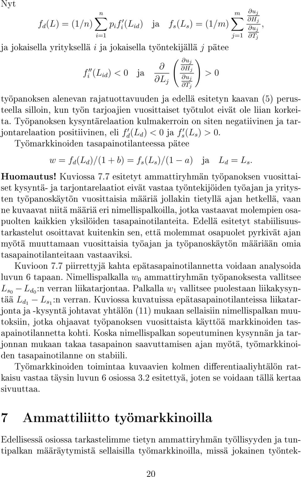 Työpanoksen kysyntärelaation kulmakerroin on siten negatiivinen ja tarjontarelaation positiivinen, eli f d L d) < 0 ja f sl s ) > 0.