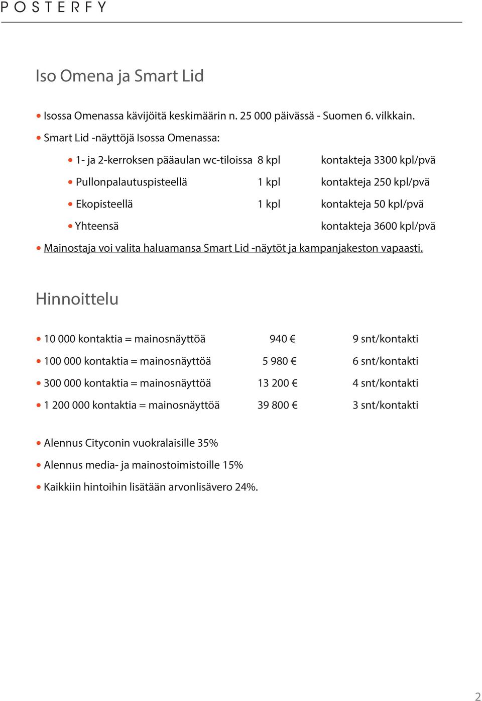 kpl/pvä Yhteensä kontakteja 3600 kpl/pvä Mainostaja voi valita haluamansa Smart Lid -näytöt ja kampanjakeston vapaasti.