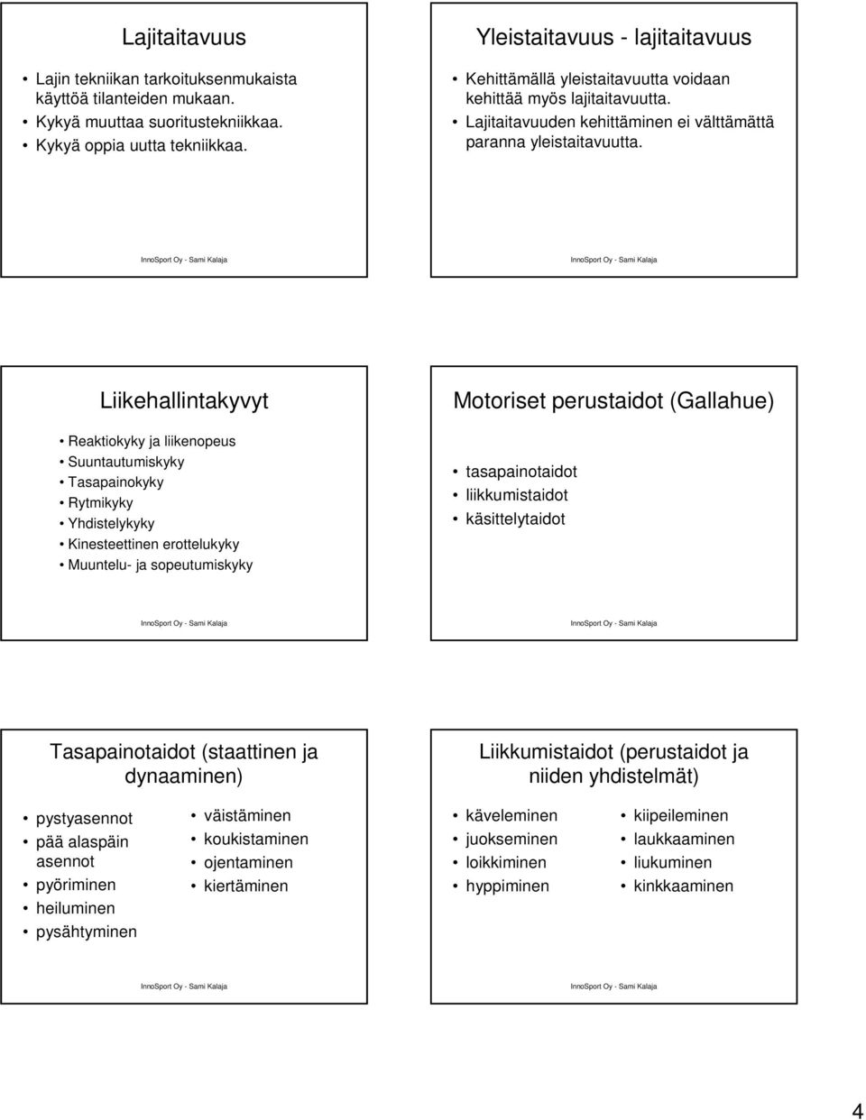 Liikehallintakyvyt Reaktiokyky ja liikenopeus Suuntautumiskyky Tasapainokyky Rytmikyky Yhdistelykyky Kinesteettinen erottelukyky Muuntelu- ja sopeutumiskyky Motoriset perustaidot (Gallahue)