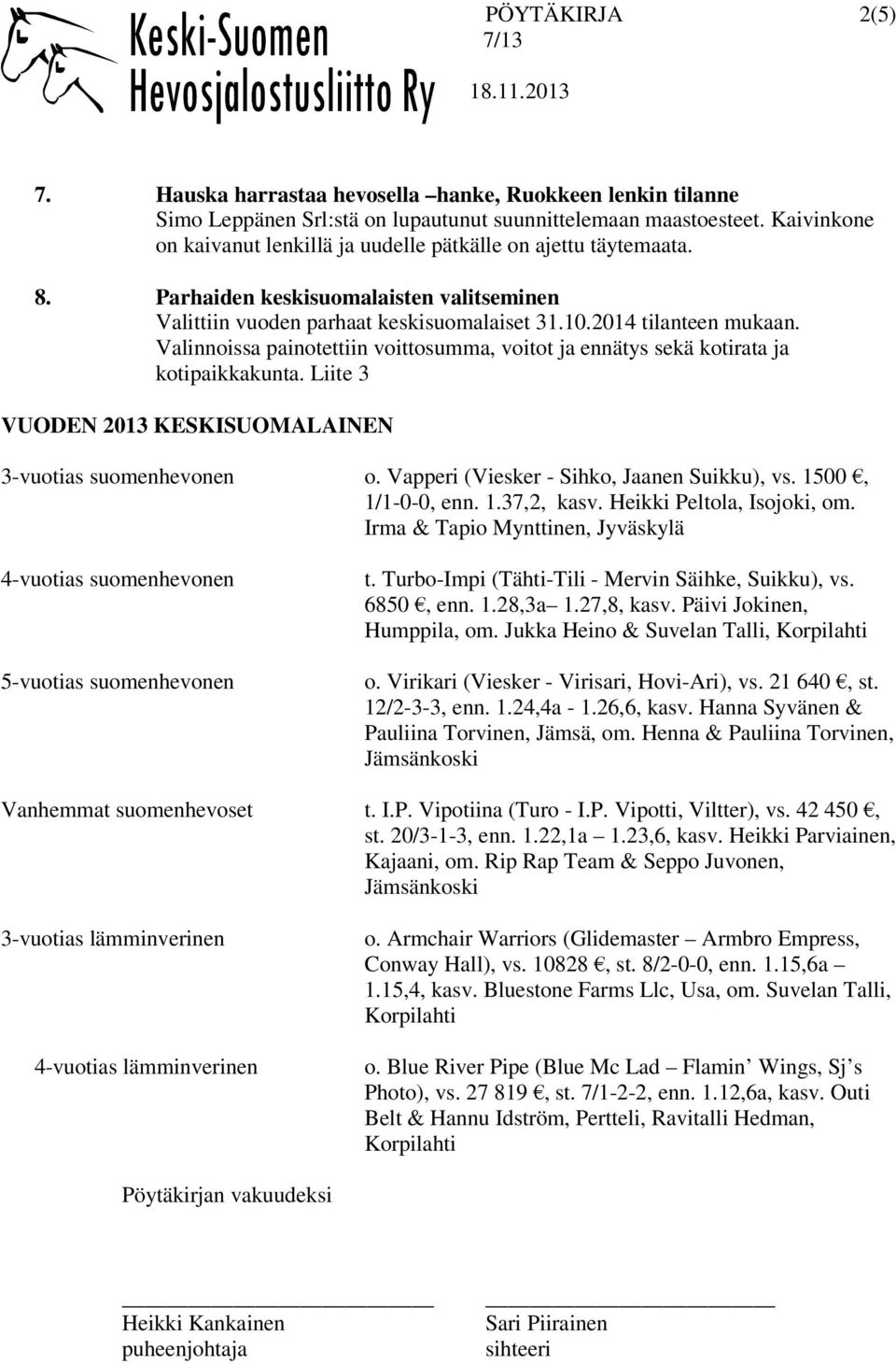 Valinnoissa painotettiin voittosumma, voitot ja ennätys sekä kotirata ja kotipaikkakunta. Liite 3 VUODEN 2013 KESKISUOMALAINEN 3-vuotias suomenhevonen o. Vapperi (Viesker - Sihko, Jaanen Suikku), vs.