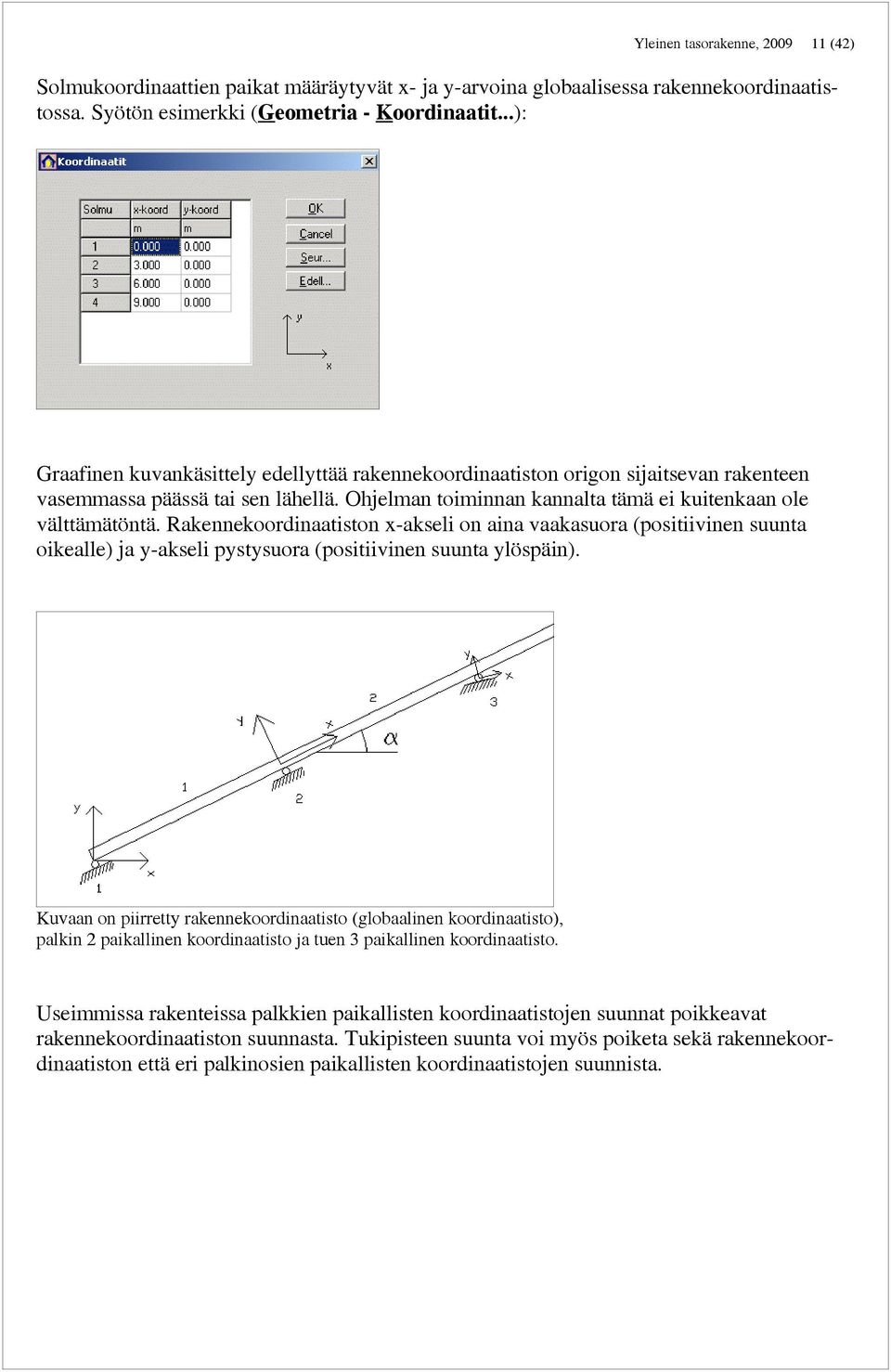 Rakennekoordinaatiston x-akseli on aina vaakasuora (positiivinen suunta oikealle) ja y-akseli pystysuora (positiivinen suunta ylöspäin).