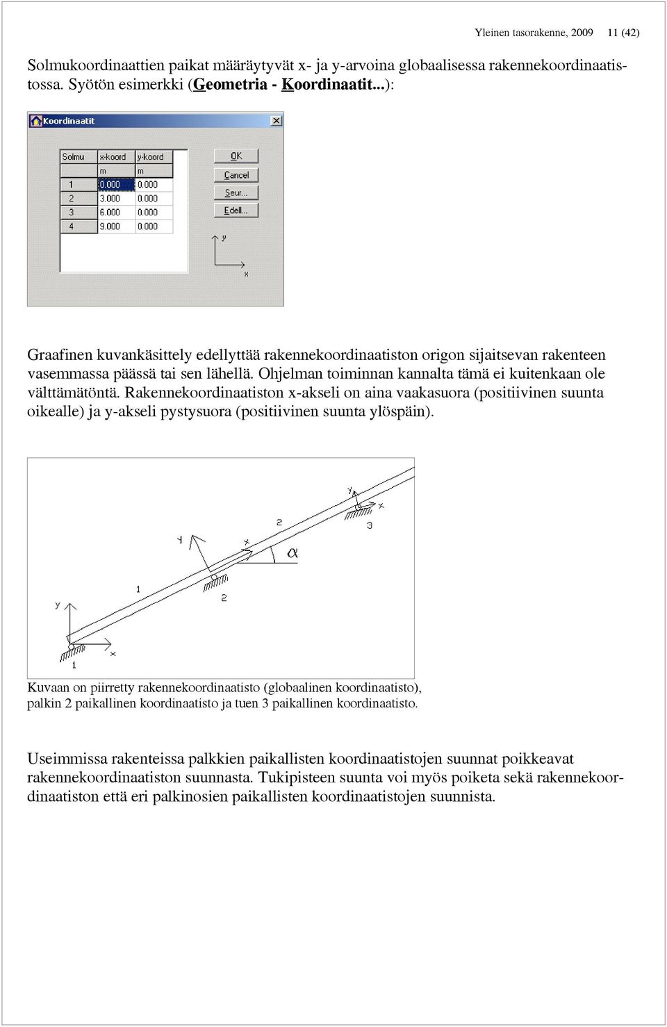 Rakennekoordinaatiston x-akseli on aina vaakasuora (positiivinen suunta oikealle) ja y-akseli pystysuora (positiivinen suunta ylöspäin).