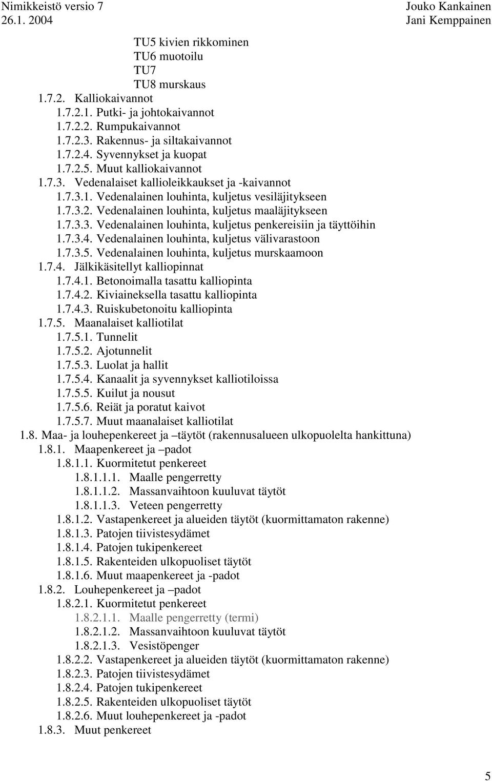 7.3.3. Vedenalainen louhinta, kuljetus penkereisiin ja täyttöihin 1.7.3.4. Vedenalainen louhinta, kuljetus välivarastoon 1.7.3.5. Vedenalainen louhinta, kuljetus murskaamoon 1.7.4. Jälkikäsitellyt kalliopinnat 1.