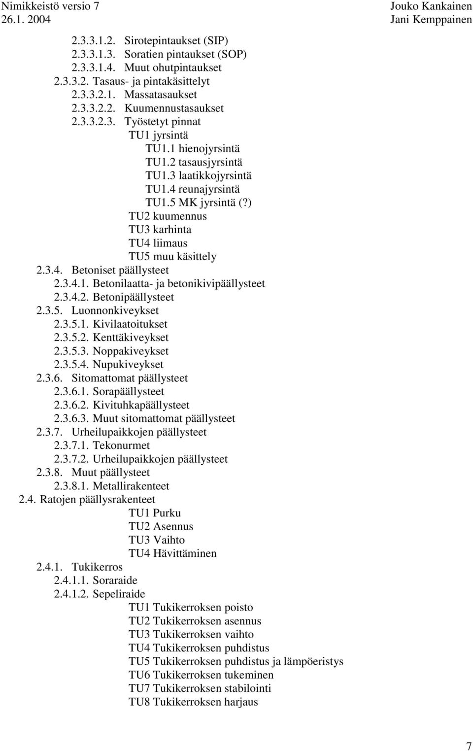 3.4.2. Betonipäällysteet 2.3.5. Luonnonkiveykset 2.3.5.1. Kivilaatoitukset 2.3.5.2. Kenttäkiveykset 2.3.5.3. Noppakiveykset 2.3.5.4. Nupukiveykset 2.3.6. Sitomattomat päällysteet 2.3.6.1. Sorapäällysteet 2.