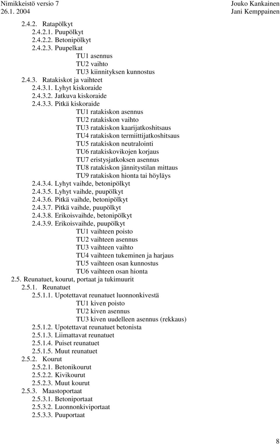 TU7 eristysjatkoksen asennus TU8 ratakiskon jännitystilan mittaus TU9 ratakiskon hionta tai höyläys 2.4.3.4. Lyhyt vaihde, betonipölkyt 2.4.3.5. Lyhyt vaihde, puupölkyt 2.4.3.6.