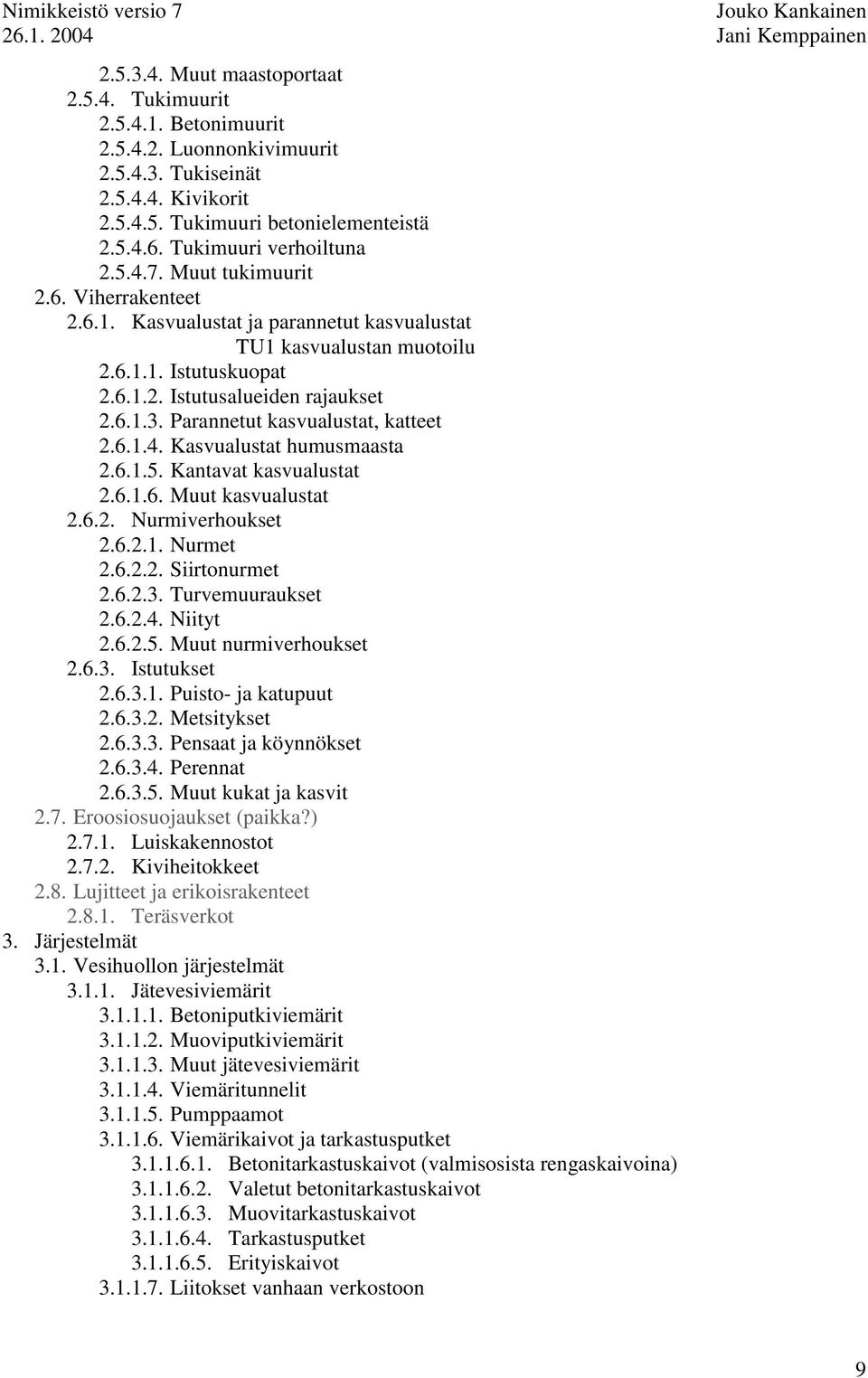 6.1.3. Parannetut kasvualustat, katteet 2.6.1.4. Kasvualustat humusmaasta 2.6.1.5. Kantavat kasvualustat 2.6.1.6. Muut kasvualustat 2.6.2. Nurmiverhoukset 2.6.2.1. Nurmet 2.6.2.2. Siirtonurmet 2.6.2.3. Turvemuuraukset 2.