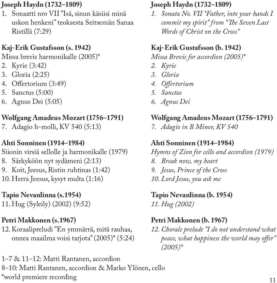 Adagio h-molli, KV 540 (5:13) Ahti Sonninen (1914 1984) Siionin virsiä sellolle ja harmonikalle (1979) 8. Särkyköön nyt sydämeni (2:13) 9. Koit, Jeesus, Ristin ruhtinas (1:42) 10.