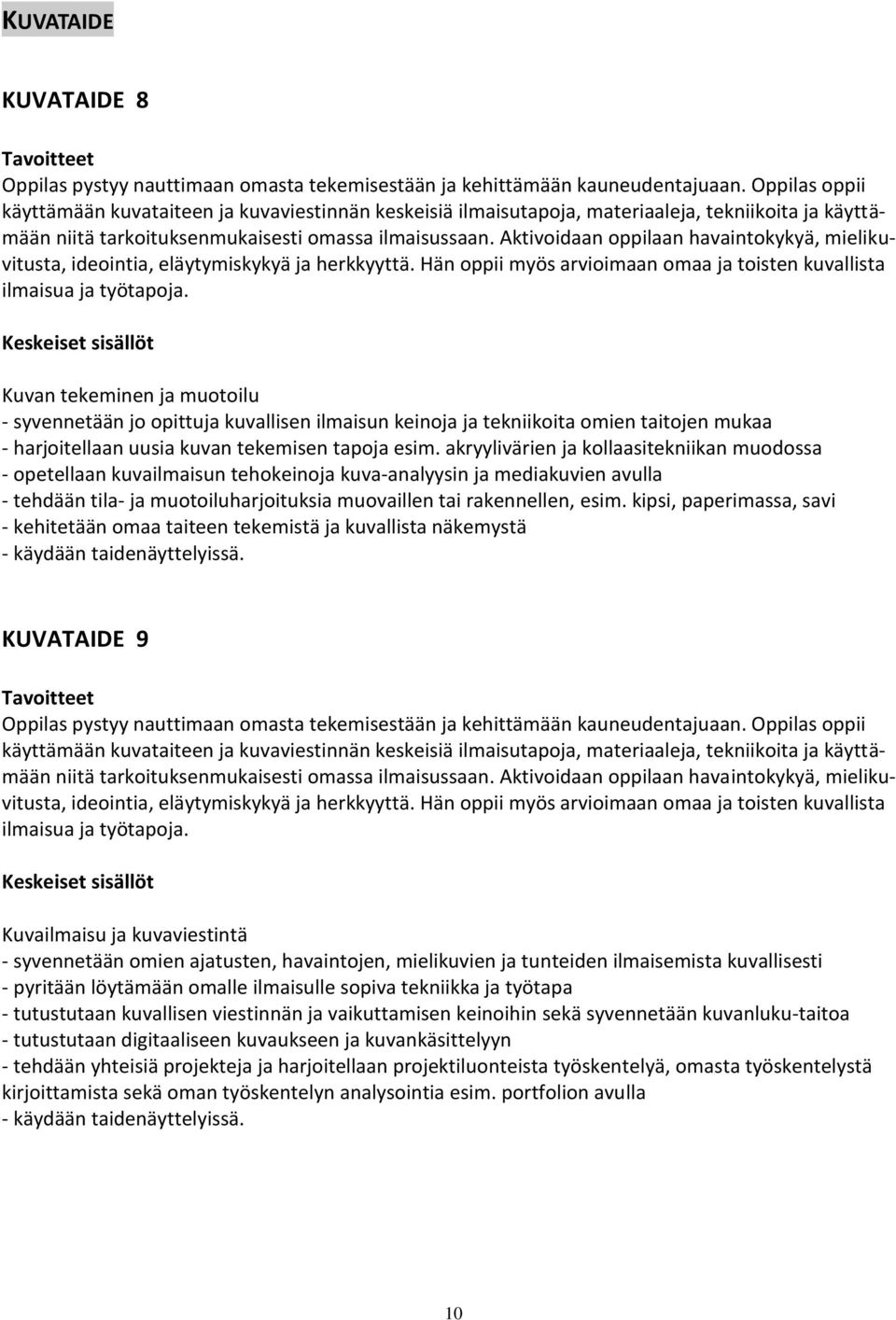 Aktivoidaan oppilaan havaintokykyä, mielikuvitusta, ideointia, eläytymiskykyä ja herkkyyttä. Hän oppii myös arvioimaan omaa ja toisten kuvallista ilmaisua ja työtapoja.