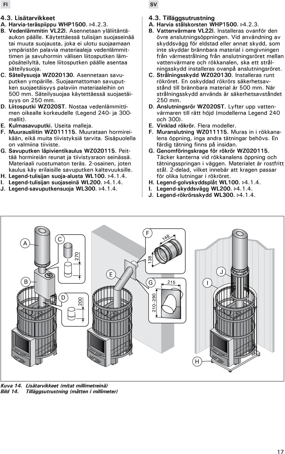 liitosputken päälle asentaa säteilysuoja.. Säteilysuoja WZ020130. Asennetaan savuputken ympärille. Suojaamattoman savuputken suojaetäisyys palaviin materiaaleihin on 500 mm.